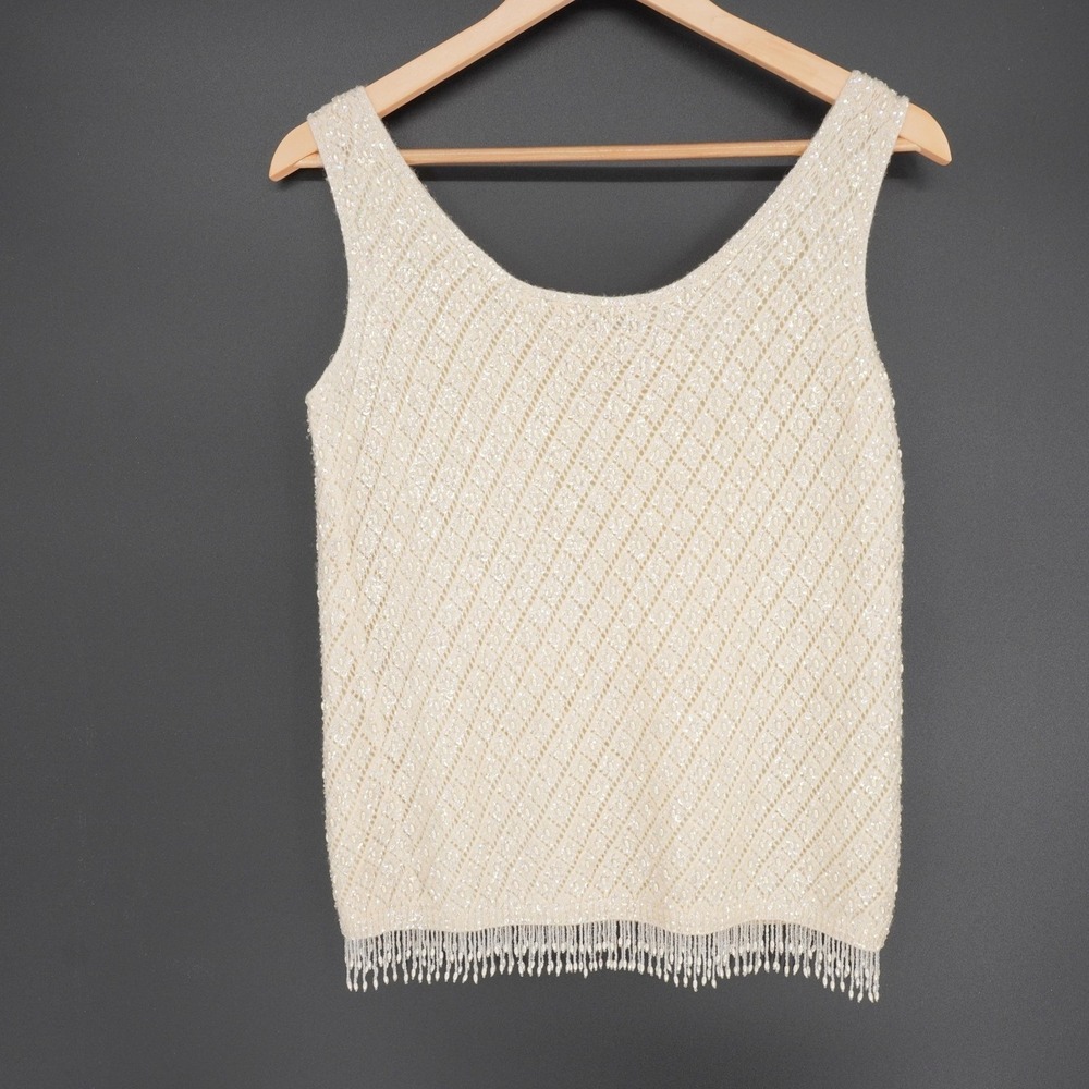 Vintage Hand Beaded Tank Womens 38 M Ivory Sequin Fringe Lambswool Camisole Top - Picture 3 of 13